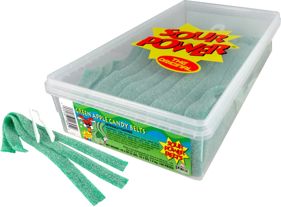 Sour Power Belts 150ct tub with tongs green apple