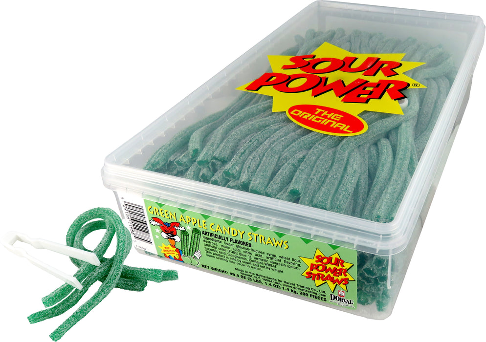 Dorval Sour Power Green Apple Straws 200ct Tub with Tongs